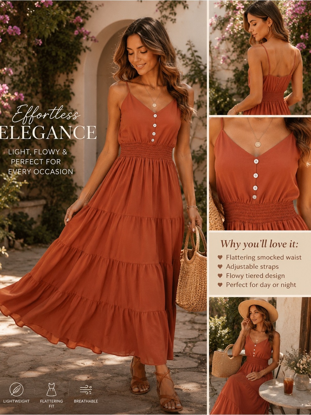 Sleeveless Tiered Maxi Dress in Rust